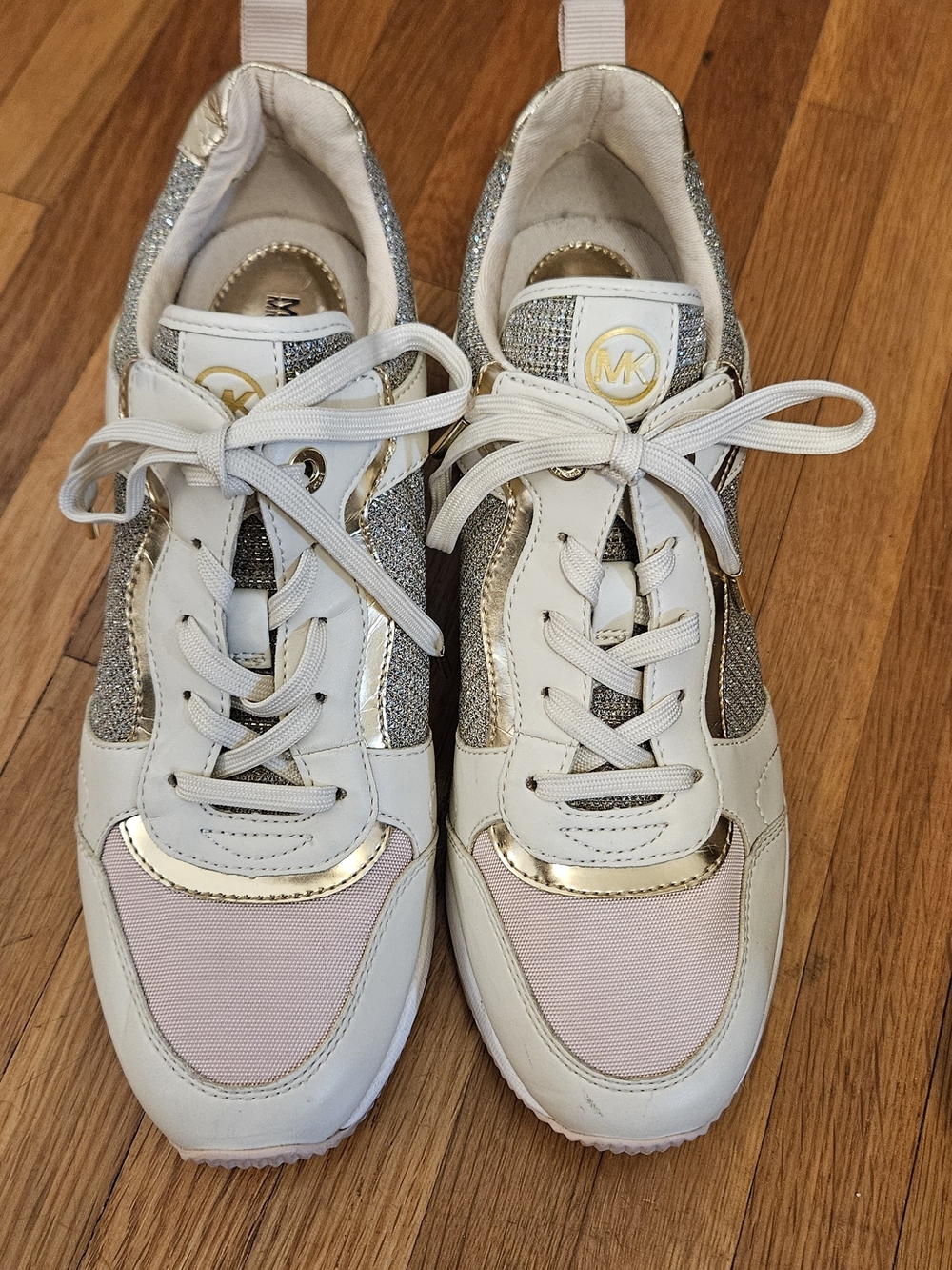 Michael Kors White Pink & Gold Glitter Lace-Up Sneakers